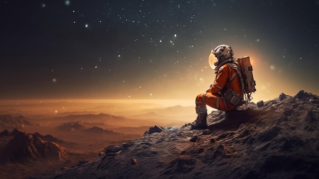 A person in an astronaut suit sitting on a rocky surface Generative AI Art