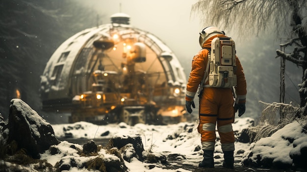 Photo a person in an astronaut suit standing in snow next to a tent