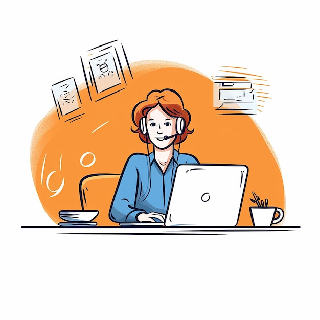 Person Attending Online Line Art Vector Illustration