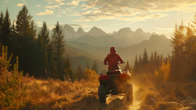 森の山の風景で夕暮れを楽しんでいるATVの人