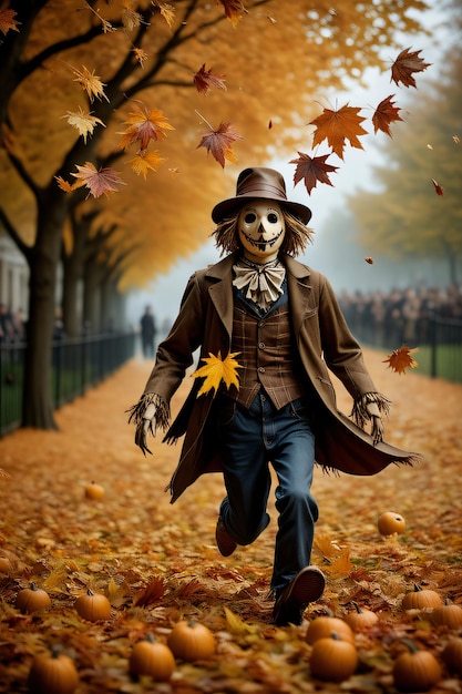 Person in Autumnal Attire Among Falling Leaves Embracing Halloween Spirit Generative Ai