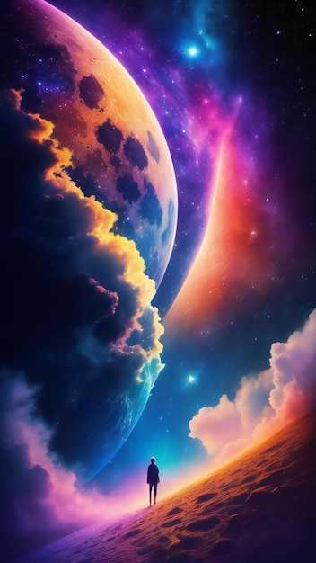 Foto una persona sotto le colorate galassie cosmiche nel cielo e la luna splendente