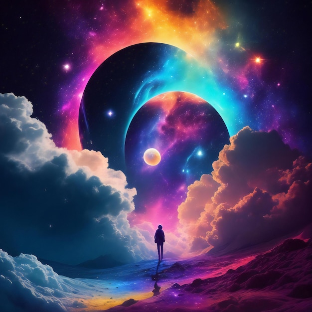 A person back under the colorful cosmic galaxies in the sky and the glowing moon