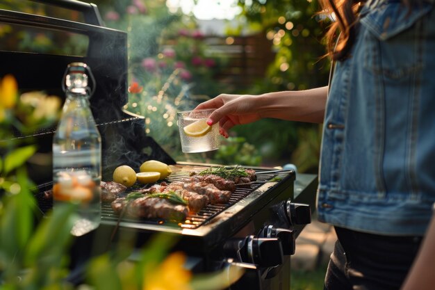 사진 레모네이드 가든 bbq를 즐기면서 야외 그릴에서 바베큐를 하는 사람