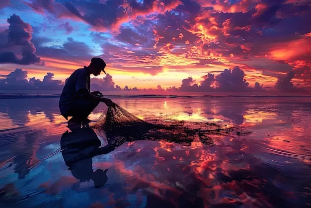 A person on a beach with a net in the water