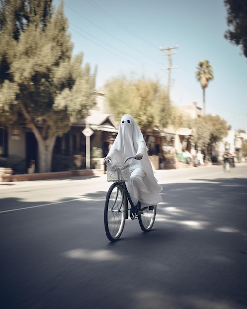 A person on a bike with a ghost costume on