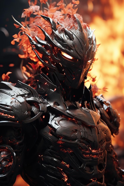 a person in a black armor with flames