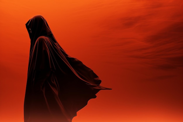 A person in a black cloak standing in front of an orange sky