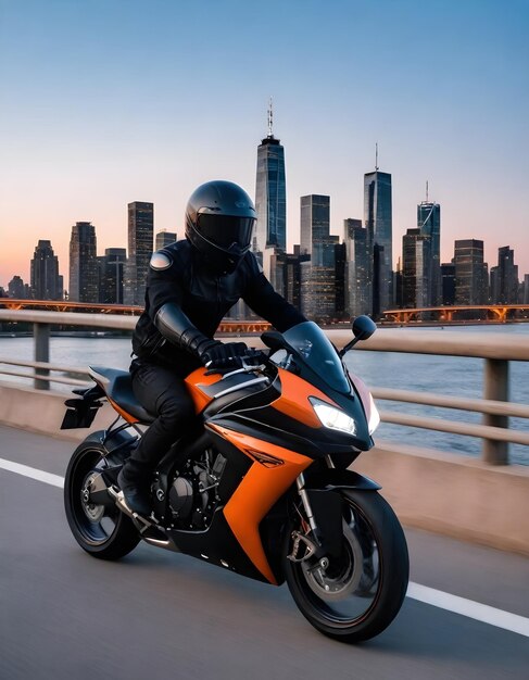 Person in black helmet and dark clothing riding an orange and black sports motorcycle on a bridge