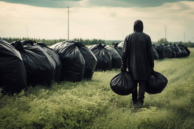 Человек в черной толстовке стоит в поле с мешками мусора.