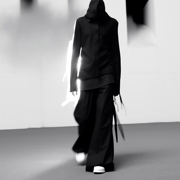 a person in a black hoodie is walking on a carpet.