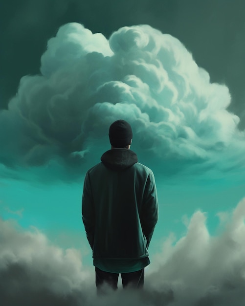 A person in black jacket standing facing the clouds covering his head