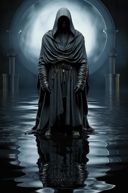 a person in a black robe standing in water