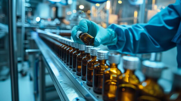 Person in Blue Gloves Filling Bottles With Liquid