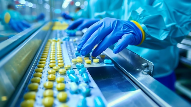 Person in Blue Gloves Works on Conveyor Belt