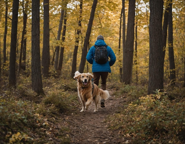 a person in a blue jacket is walking a dog in the woods