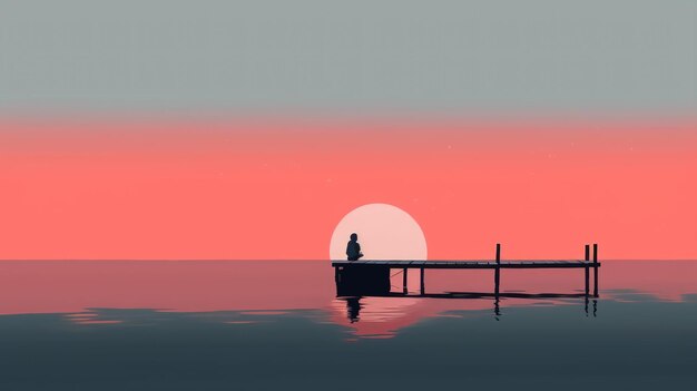 Photo a person and a boat watching the sunrise a simple and serene negative space illustration