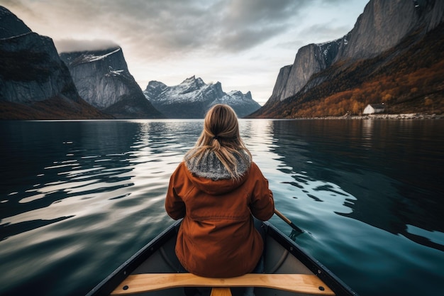 Человек на лодке на спокойном водоеме под ясным голубым небом Вид сзади девушки в каноэ, плавающем на воде среди фьордов