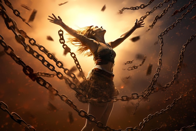 Person breaking free from chains or constraints representing liberation and newfound freedom Generative ai