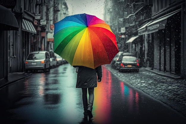 Person bringing a rainbow umbrella to rainy and dreary street which makes the scene cheerful