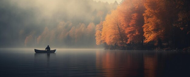 person in canoe floating in a lake with autumnal scenery