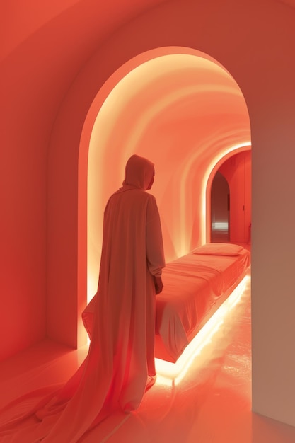 a person in a cape stands in a tunnel with a red light on the wall