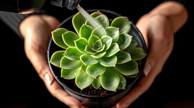 A person carefully holds a small plant in their hands preparing to plant it in a pot