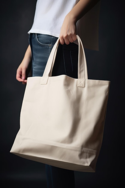 A person carrying a blank shopping tote bag canvas bag mockup generative ai