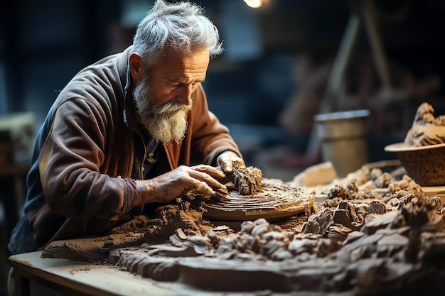 Person carving a wooden rock