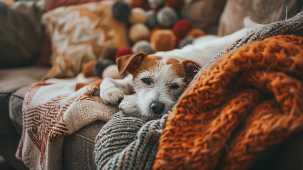 A person in casual clothes cuddles with their furry friend on a comfy couch surrounded by pet toys and blankets