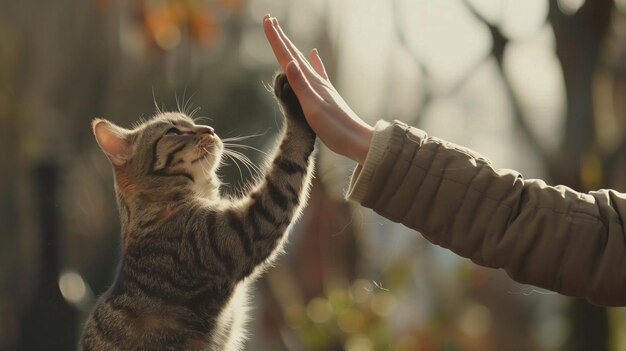 A person and a cat highfiving demonstrating a moment of connection and camaraderie human and feline