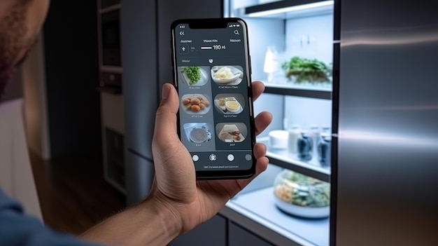 스마트폰 에 있는 응용 프로그램 을 통해 스마트 냉장고 의 수준 을 확인 하는 사람