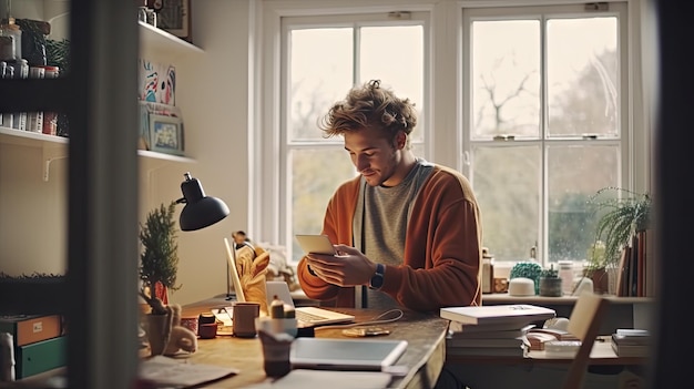 A person checking their phone while standing outside a modern house