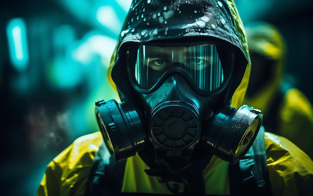 A person in a chemical protection suit against radiation with radioactive warning handling chemical