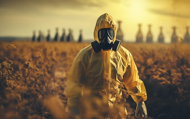 A person in a chemical protection suit against radiation with radioactive warning handling chemical