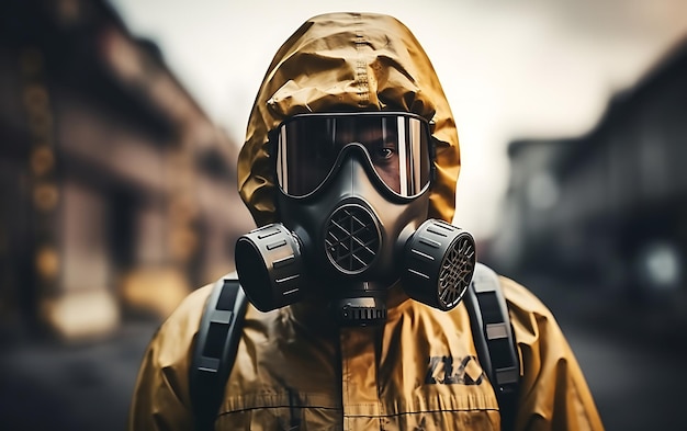 A person in a chemical protection suit against radiation with radioactive warning handling chemical