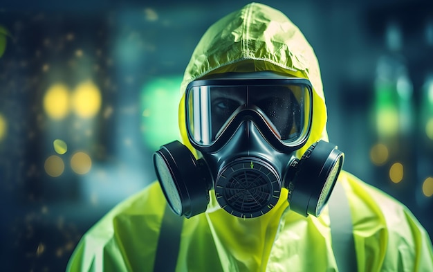 A person in a chemical protection suit against radiation with radioactive warning handling chemical