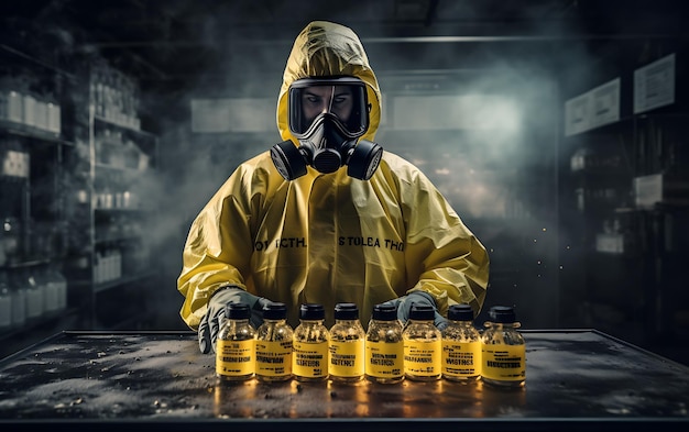 A person in a chemical protection suit against radiation with radioactive warning handling chemical