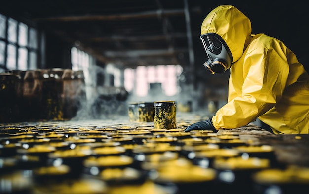 A person in a chemical protection suit against radiation with radioactive warning handling chemical