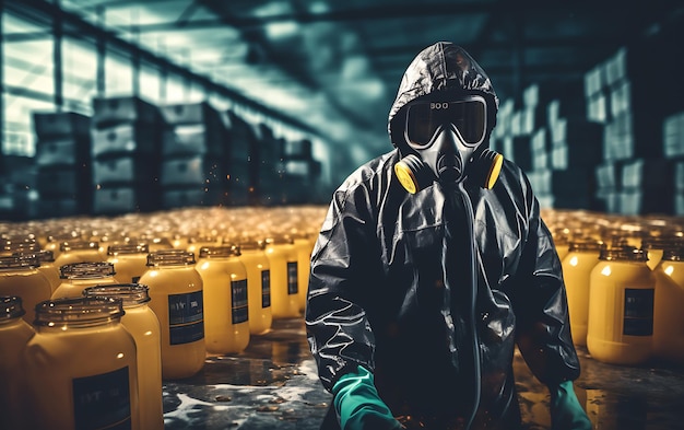 Человек в костюме химической защиты от радиации с радиоактивным предупреждением, обращающимся с химическими веществами