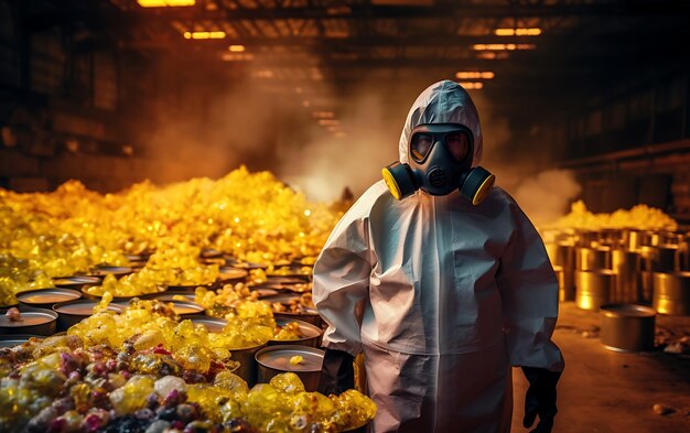 A person in a chemical protection suit against radiation with radioactive warning handling chemical