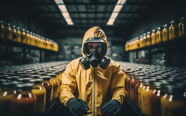 A person in a chemical protection suit against radiation with radioactive warning handling chemical