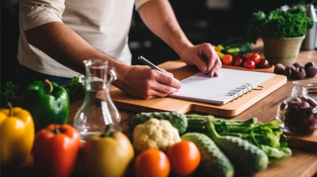 Photo a person choosing healthy food options and preparing a grocery list generative ai