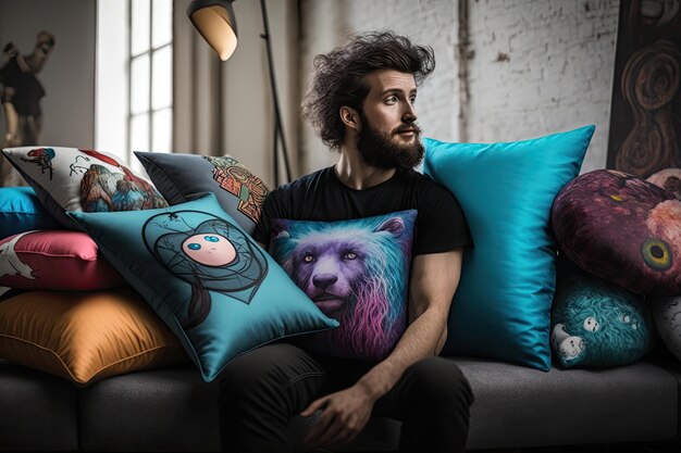 Person choosing new throw pillows for living room among variety of styles and colors