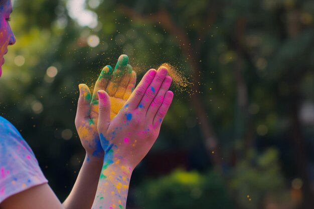 Foto persone che applaudono con le mani polverizzate di vernice a polvere colorata