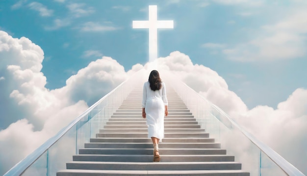 Фото Человек поднимается по лестнице к небу сквозь облака, глядя на крест.