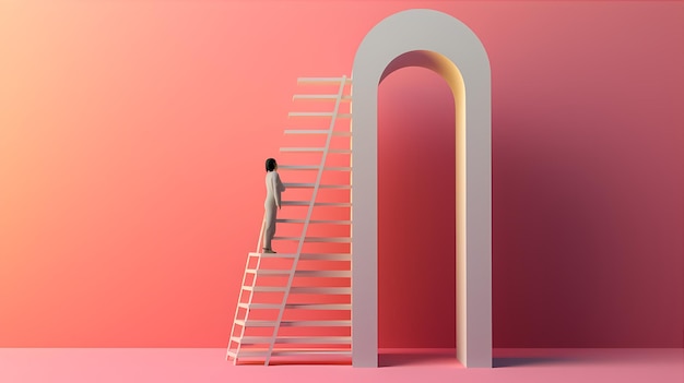 a person climbing ladder clean pastel background 3d conceptual