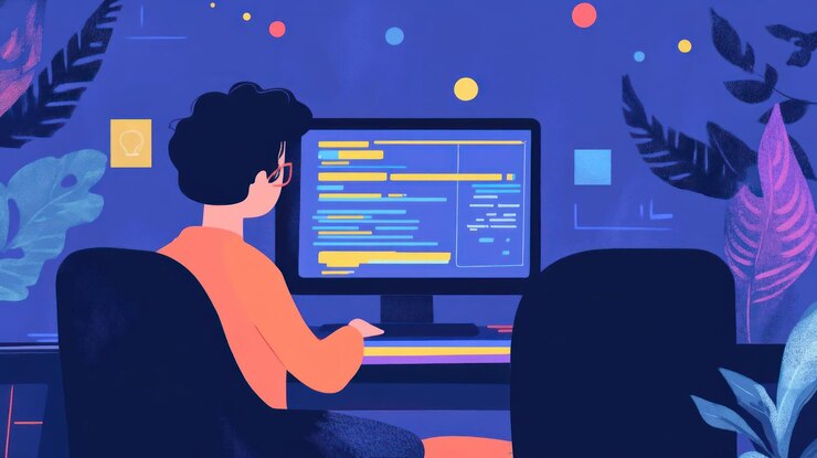 Photo a person coding on a computer in a colorful plantfilled workspace