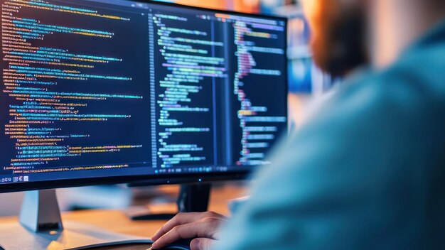 a person coding on a computer displaying colorful lines of programming code on the screen