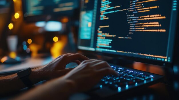 a person coding on a computer with illuminated keyboard and programming text on the screen